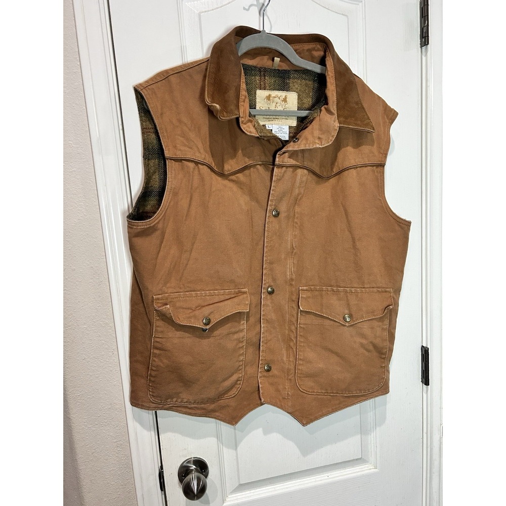Vtg Schaefer Outfitter Ranch Vest Brown Canvas Plaid Blanket Lined Leather L USA